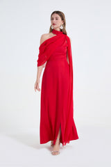 tammy Tailored One-Shoulder Detachable Collar Maxi Dress in red
