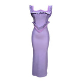 hermosa pearl embellished square neck ruffle bodycon maxi dress - purple