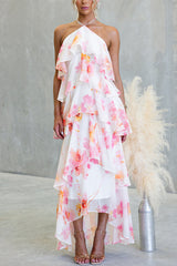 Floral Ruffle Halter Neck Midi Dress - pink
