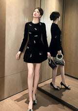 xaviera rhinestone embellishment velvet mini dress in black