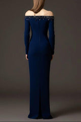 navy blue one-line collar bead diamond long dress