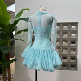 blue Embroidered Flared Mini Dress