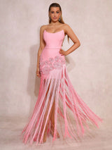 rita 3D flower diamond-decorative tassel bandage maxi dress in pink