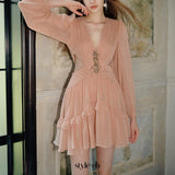 jessica champagne pink chiffon rhinestone embellished mini dress