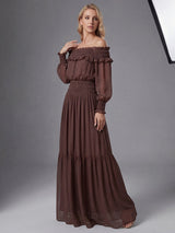 tiffany brown Off-shoulder long sleeve maxi dress with ruched trim