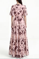 ashley V-neck lace trim printed maxi dress - pink