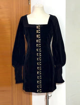 tina Cinched Waist Square Neck Long Sleeve Velvet Mini Dress in black