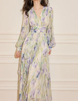 rachel multicolor v-neck floral print lantern sleeve maxi dress
