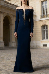 navy blue one-line collar bead diamond long dress