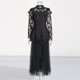 yvette black Long Sleeve Folds Lace Butterfly Top And Skirt Two-Piece Set