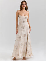 Vintage embroidered hollow slip maxi dress - white