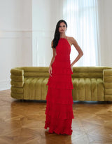lorraine ruffle trim layer halter maxi dress - red