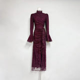 victoria Long lantern sleevelace-trim maxi dress - burgundy