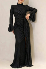 victoria Long lantern sleevelace-trim maxi dress - black