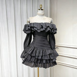 molly off-shoulder ruffle trim layer mini dress - black