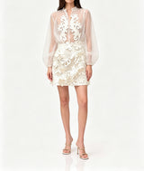 Floral appliqué sheer organza blouse & mini skirt set - white