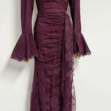 victoria Long lantern sleevelace-trim maxi dress - burgundy