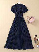 jocelyn ruffled pleated cape embellished midi dress - navy blue