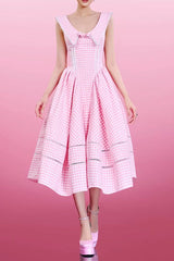 xylia bowknot neck plaid sleeveless midi dress - pink