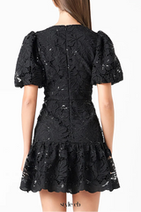 black sequin lace fitted flared mini dress