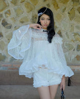 vanessa white Floral Lace Ruffled Top & Shorts Set
