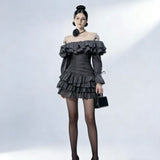molly off-shoulder ruffle trim layer mini dress - black