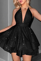 virginia A Line Halter Tiered mini Dress in black