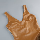 ashley v-neck leather fur trim mini dress in brown