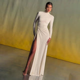 rita Metallic Double Ball Long-Sleeve High-Slit maxi Dress in white