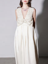 alva v-neck rhinestone embroidery satin maxi Dress in white