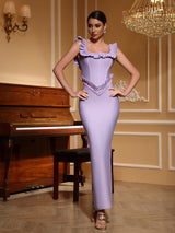 hermosa pearl embellished square neck ruffle bodycon maxi dress - purple