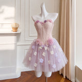 lila floral strapless tulle mini dress - Light purple