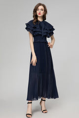 jocelyn ruffled pleated cape embellished midi dress - navy blue