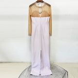 pink mesh splicing bead long dress with diamonds