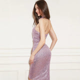 bonnie 3d flower embellished sequin halter midi dress - purple