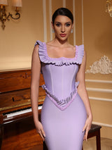 hermosa pearl embellished square neck ruffle bodycon maxi dress - purple
