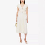 karen v-neck bow pleated chiffon midi dress - white
