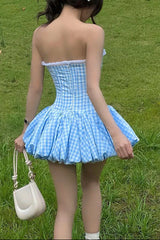 stephanie plaid strapless puffy mini dress - blue