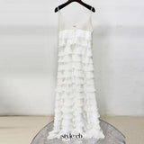 white nail bead layered lotus leaf slit maxi dress