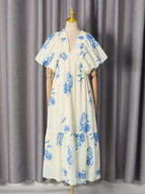 susie Print Smocking Puff Sleeve Midi Dress - blue