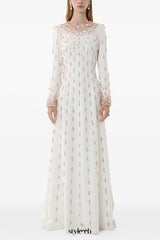 white long sleeve beaded diamond maxi dress
