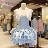 Nalaya Bow Stripe Puffy Mini Dress - Blue