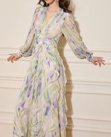 rachel multicolor v-neck floral print lantern sleeve maxi dress