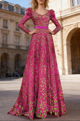 pink embroidered sequin long dress