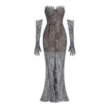 Shnovia Blue Strapless Embroidered Lace Maxi Dress With Gloves
