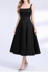amelia square neck Satin Slip midi Dress - black