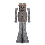 Shnovia Blue Strapless Embroidered Lace Maxi Dress With Gloves