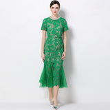 Rhinestone flower hollow lace fishtail midi dress - green