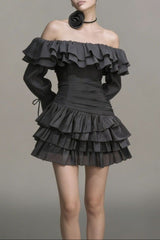 molly off-shoulder ruffle trim layer mini dress - black