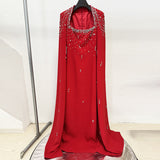 red nail bead chain shawl sleeves floor-length dress